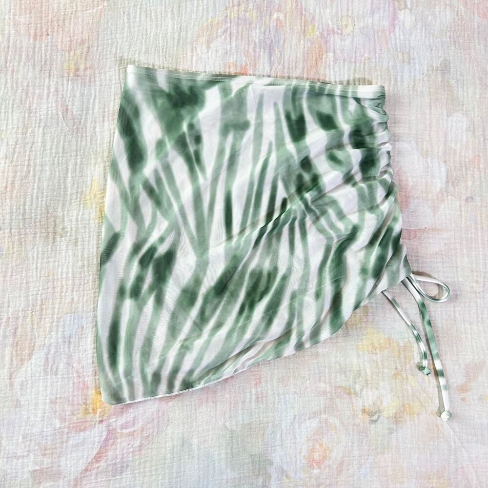 Sheer green & white ruched swim mini skirt coverup S